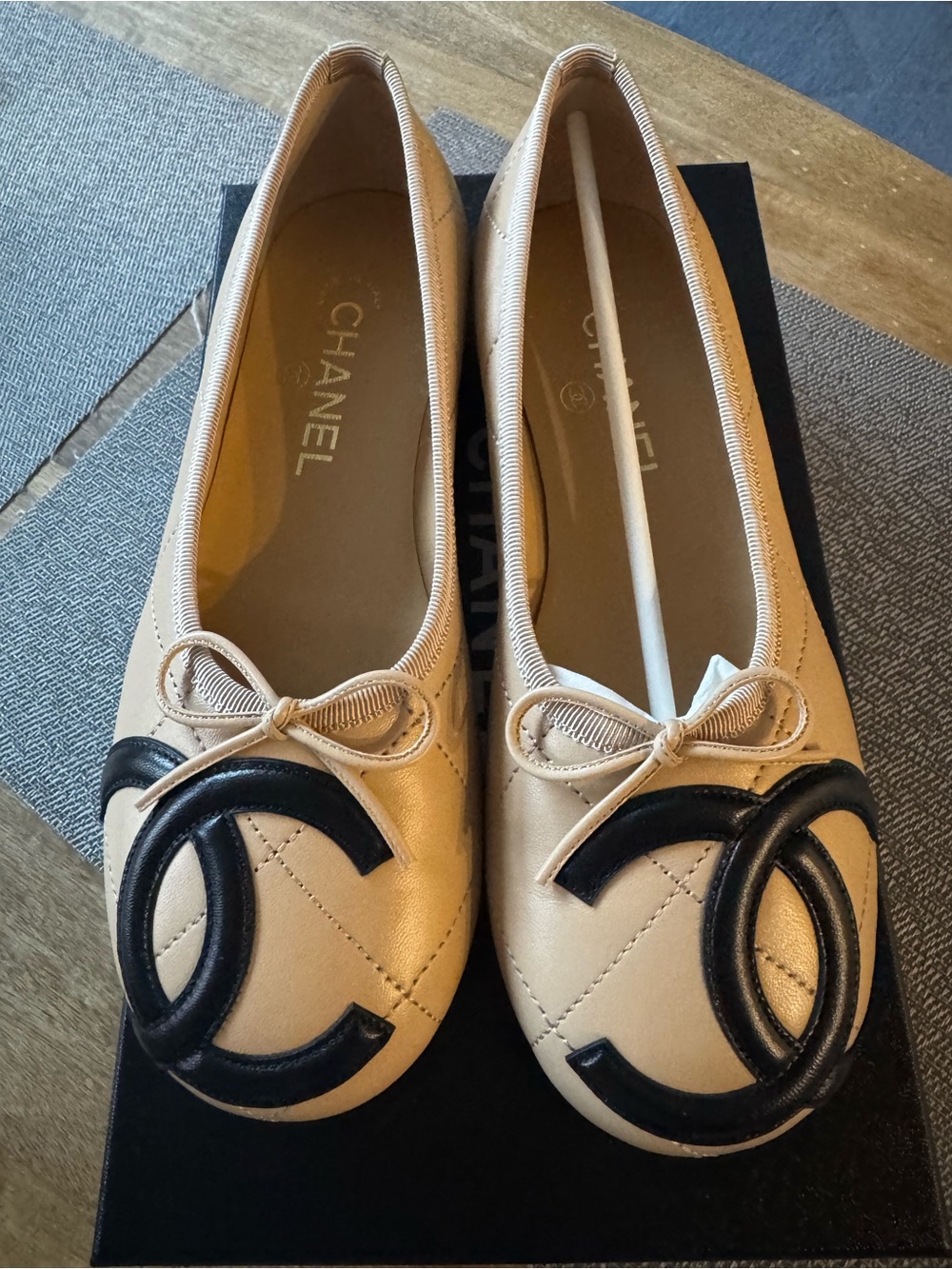 Chanel Beige Leather Cambon Ballet Flats with Black CC- Coco Beach 2026